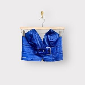 GARBAGE BYMG Blue Bustier Belted Leather Metallic Crop Top (Sz S)